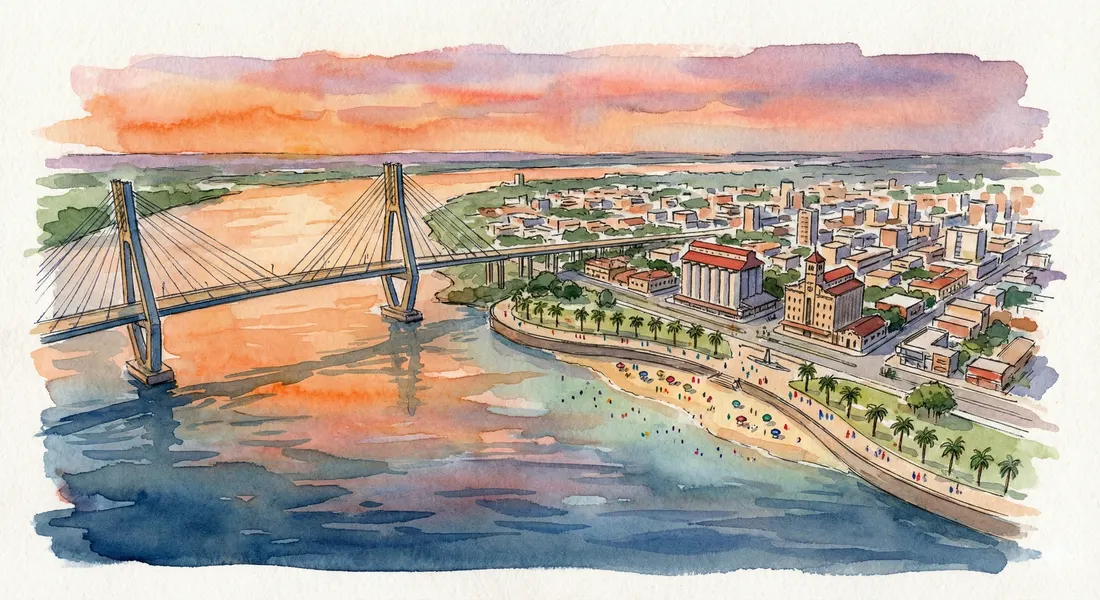 Acuarela de Encarnación: el puente San Roque González, la costanera y la ciudad al atardecer